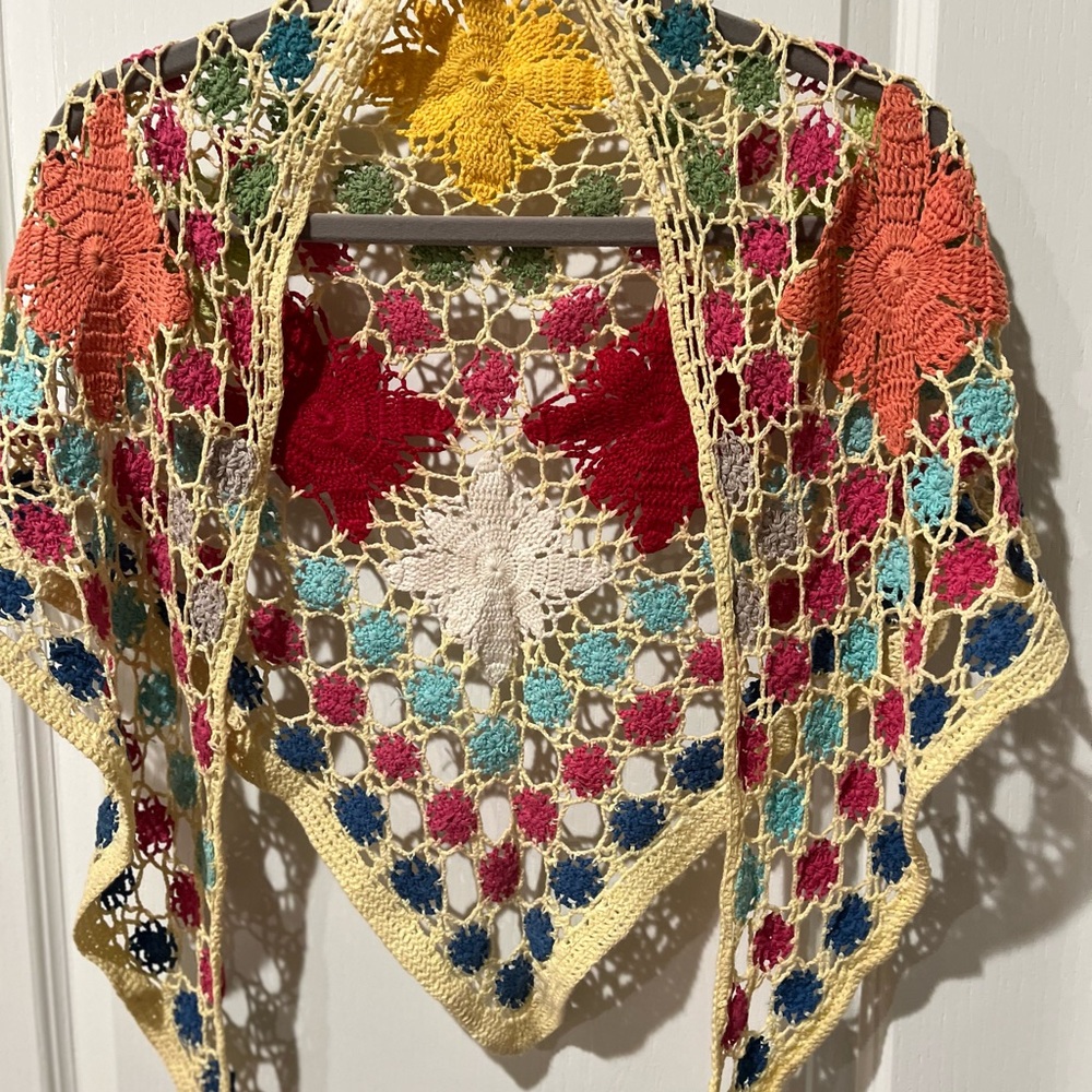 Colorful Vintage Boho Crochet Floral Scarf